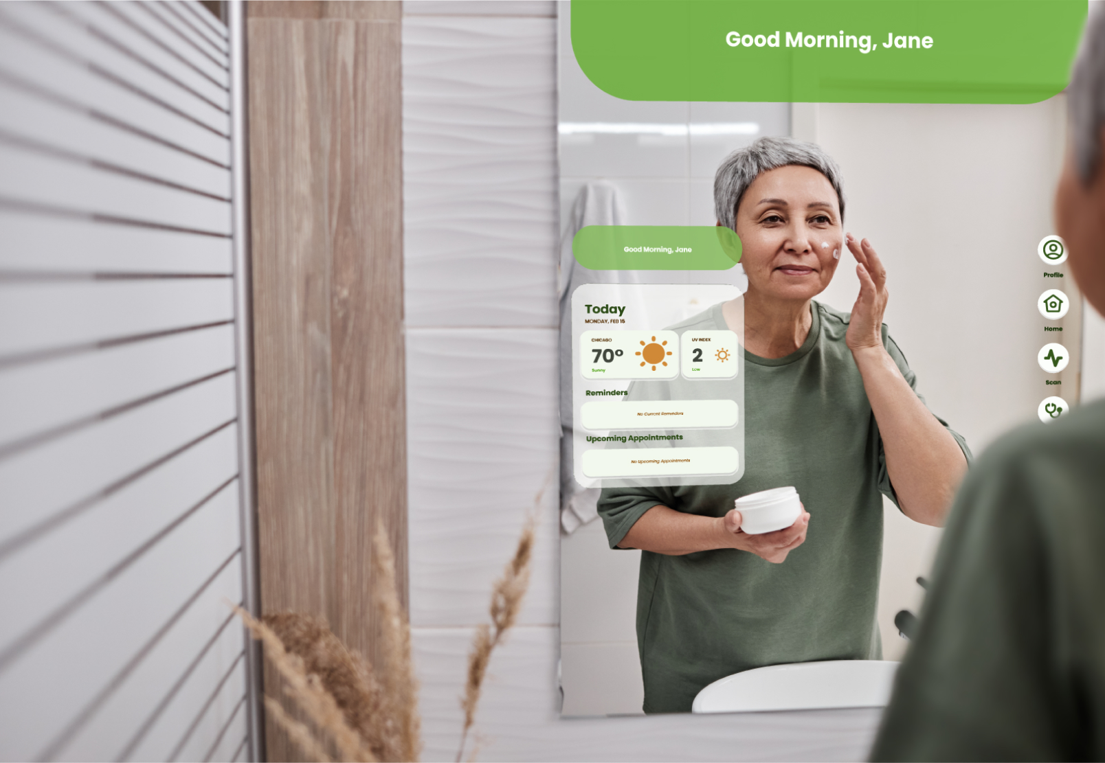 Mockup of woman interacting with Dermaview mirror